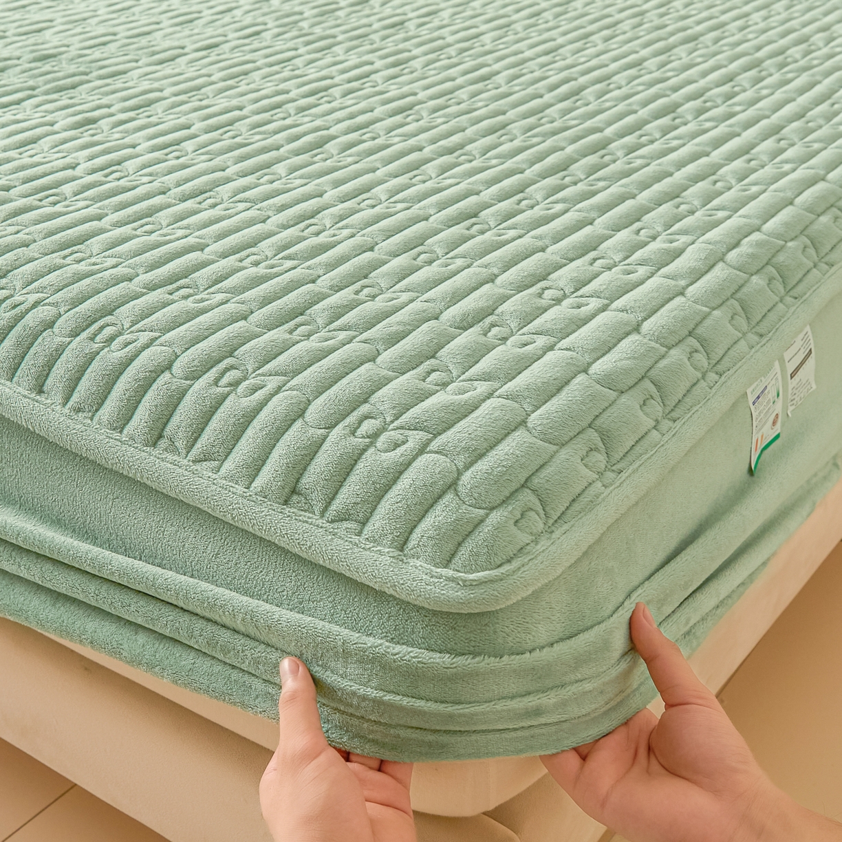 91家纺网 家纺一手货源 找家纺 Sweet dreams甜梦 2025新款A类纯色牛奶绒夹棉床笠 清新绿