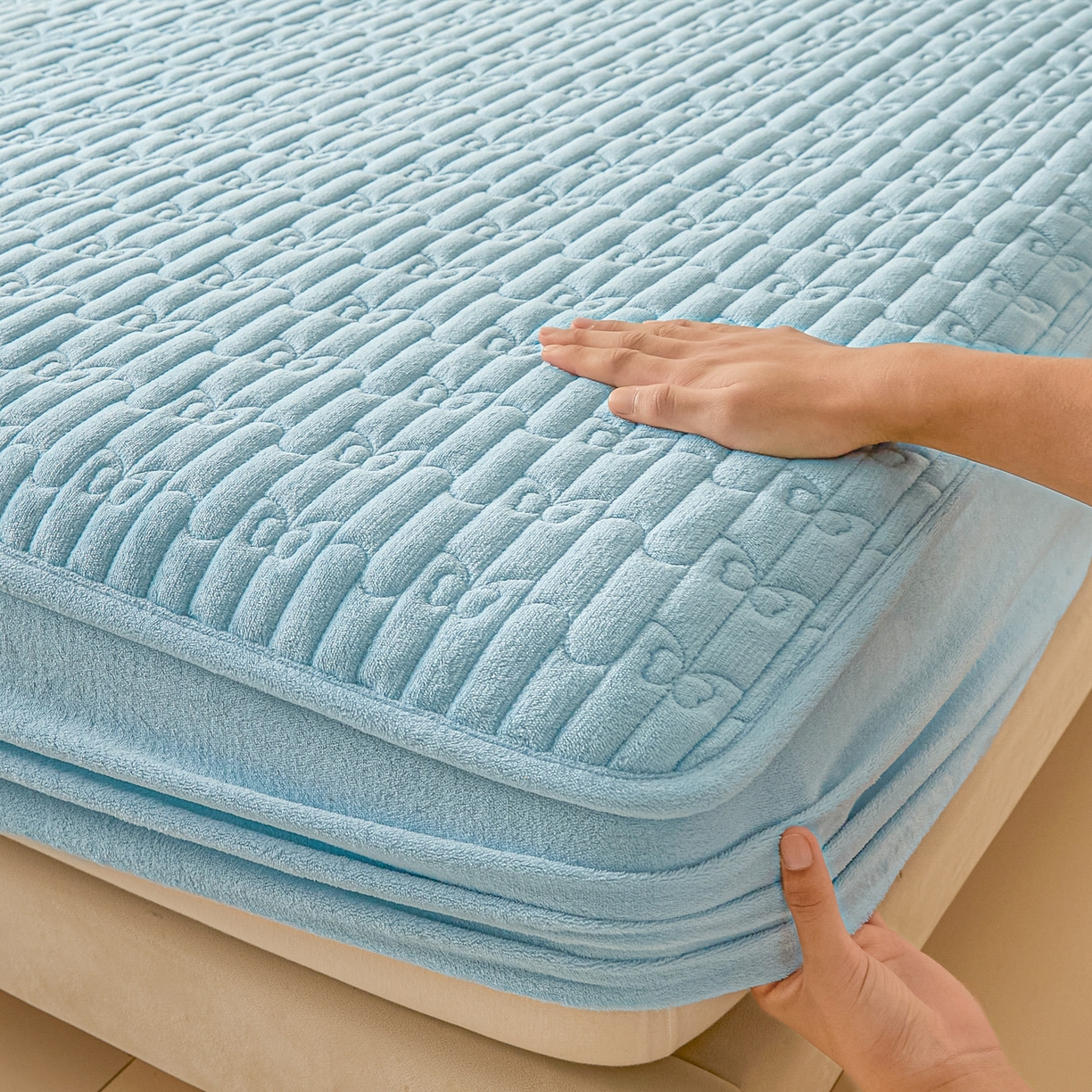 91家纺网 家纺一手货源 找家纺 Sweet dreams甜梦 2025新款A类纯色牛奶绒夹棉床笠 天蓝