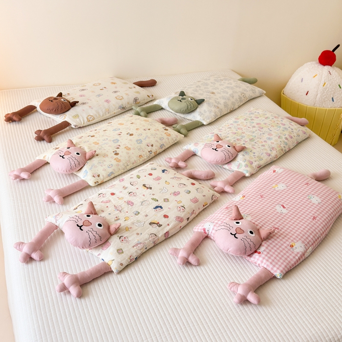 91家纺网 家纺一手货源 找家纺 北鸣有鱼枕芯馆 2025新款全棉双层纱漫画家系列荞麦枕-胡须猫 组合图