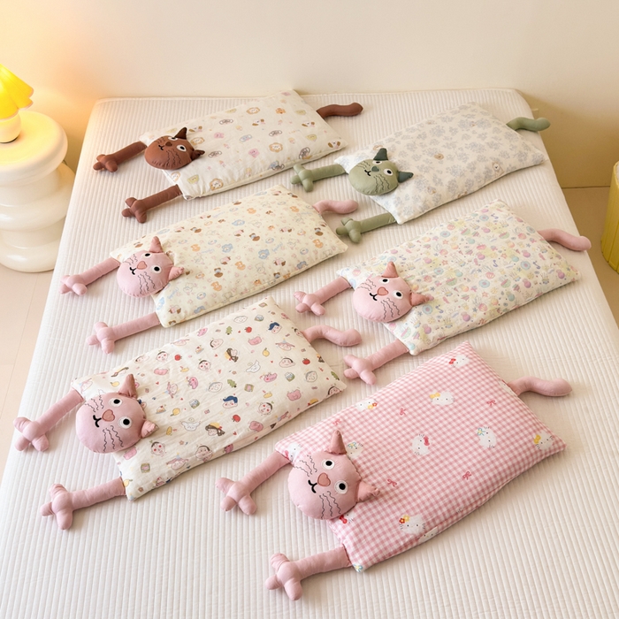 91家纺网 家纺一手货源 找家纺 北鸣有鱼枕芯馆 2025新款全棉双层纱漫画家系列荞麦枕-胡须猫 组合图