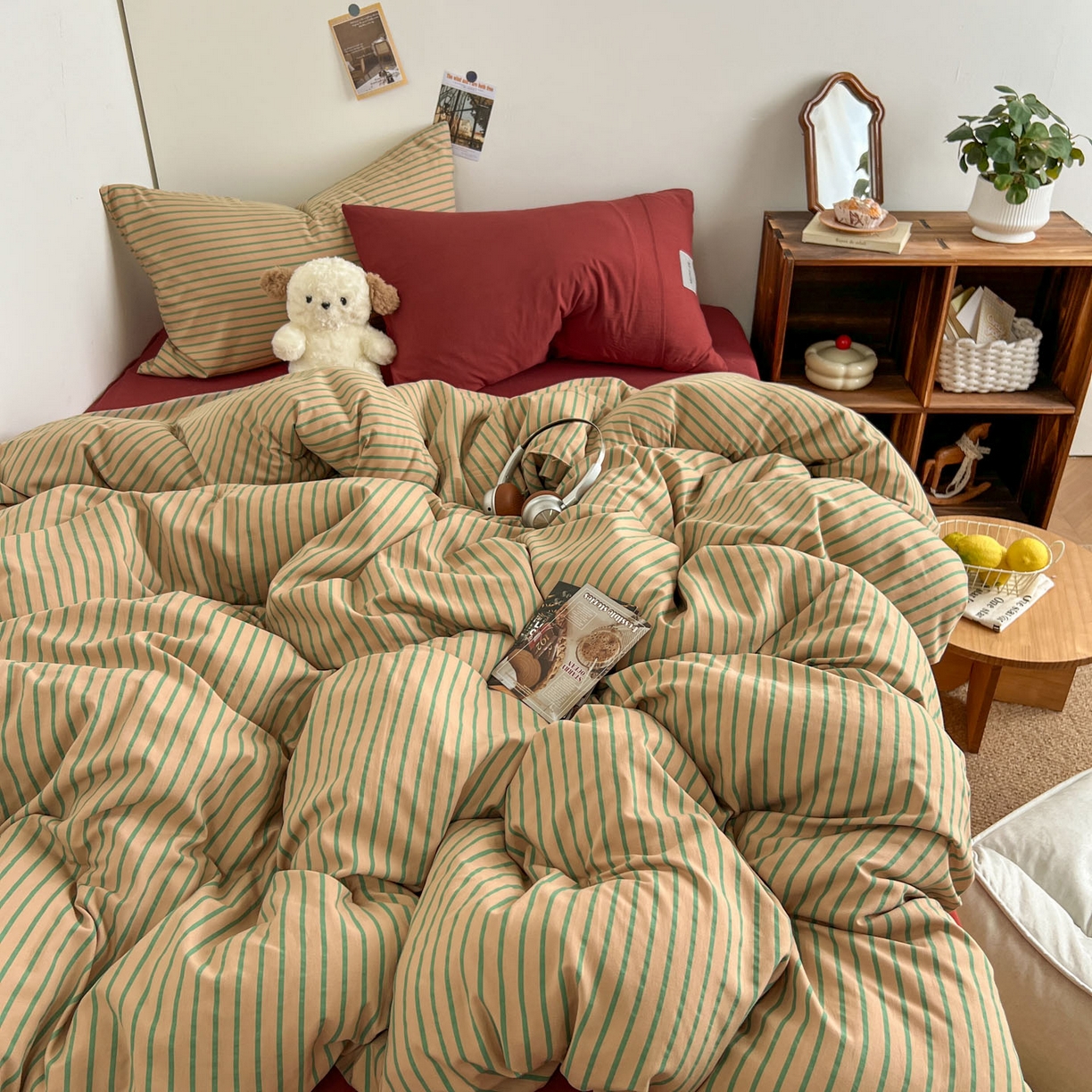 91家纺网 家纺一手货源 找家纺 （总）优选 2025新款韩式无印风水洗棉拼色学生三件套床单床笠款四件套