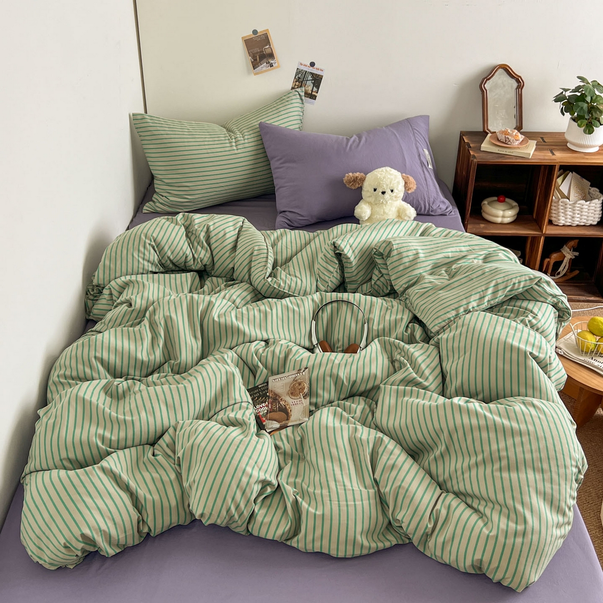 91家纺网 家纺一手货源 找家纺 优选 2025新款韩式无印风水洗棉拼色学生三件套床单床笠款四件套 条纹抹茶绿+酱紫