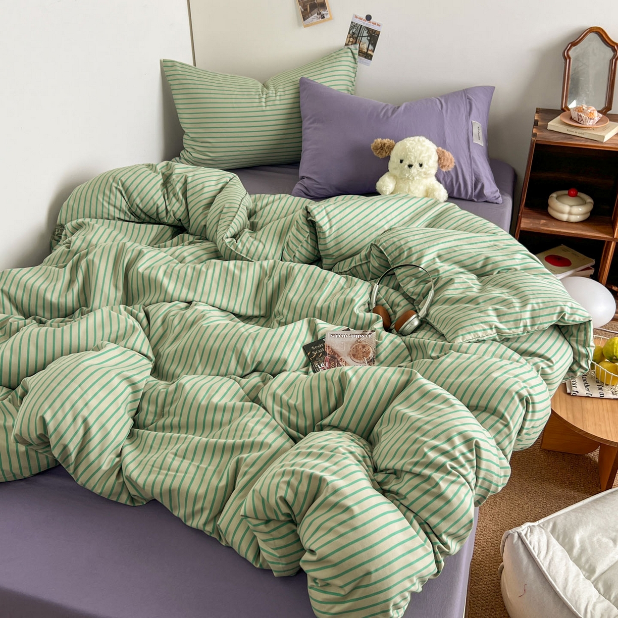 优选 2025新款韩式无印风水洗棉拼色学生三件套床单床笠款四件套 条纹抹茶绿+酱紫