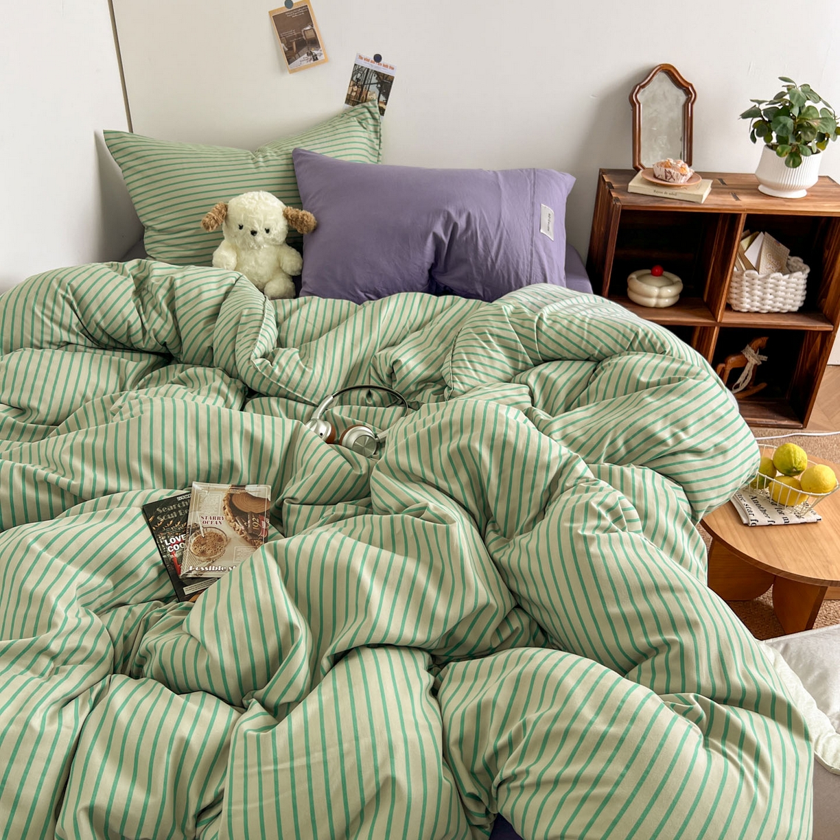 91家纺网 家纺一手货源 找家纺 优选 2025新款韩式无印风水洗棉拼色学生三件套床单床笠款四件套 条纹抹茶绿+酱紫