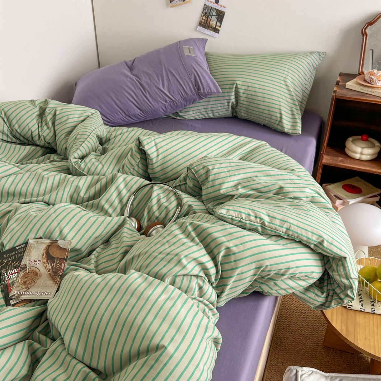 91家纺网 家纺一手货源 找家纺 优选 2025新款韩式无印风水洗棉拼色学生三件套床单床笠款四件套 条纹抹茶绿+酱紫