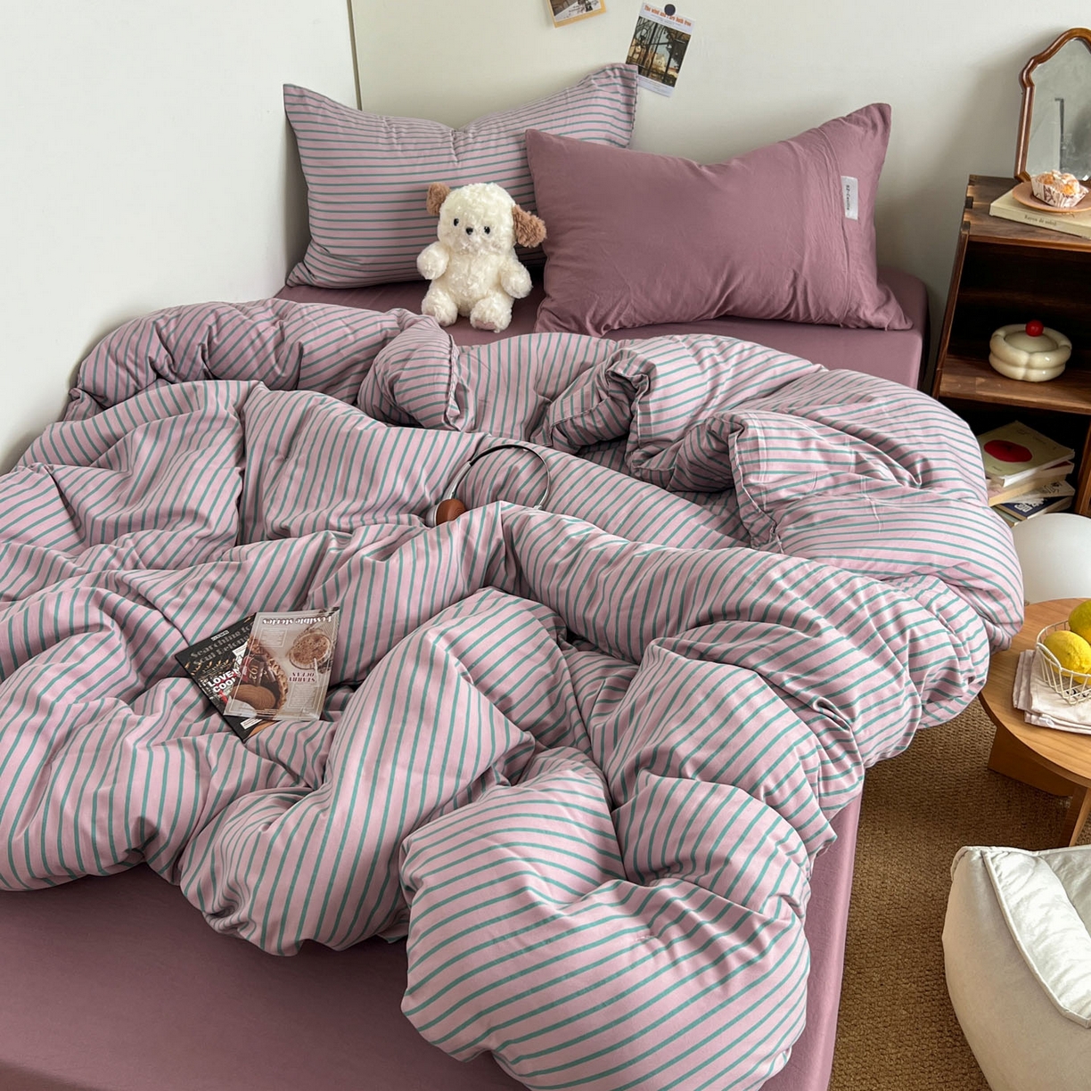 优选 2025新款韩式无印风水洗棉拼色学生三件套床单床笠款四件套 条纹香芋紫+深紫