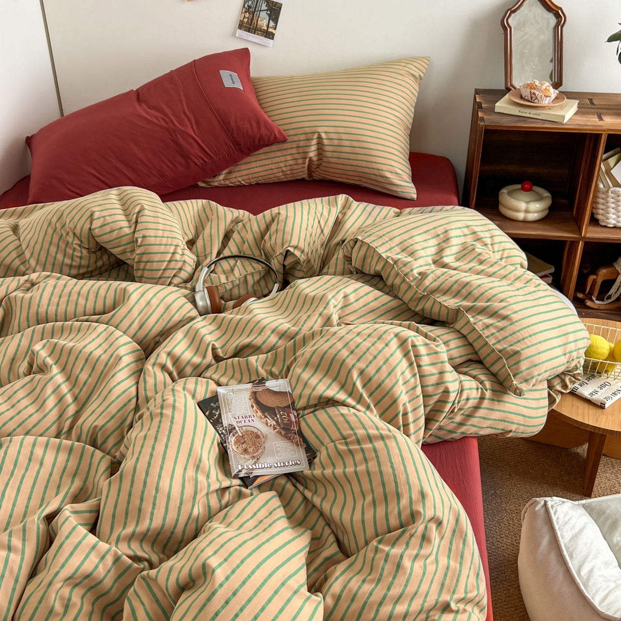 91家纺网 家纺一手货源 找家纺 （总）优选良品 2025新款韩式无印风水洗棉拼色学生三件套床单床笠款四件套