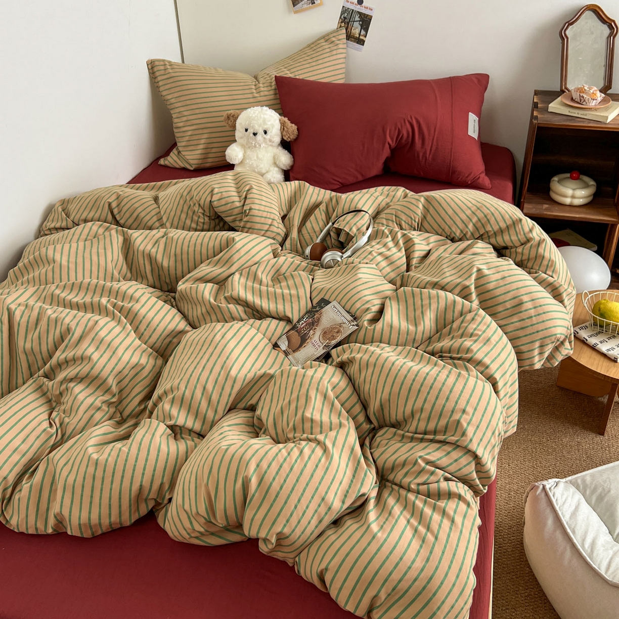 91家纺网 家纺一手货源 找家纺 （总）优选良品 2025新款韩式无印风水洗棉拼色学生三件套床单床笠款四件套