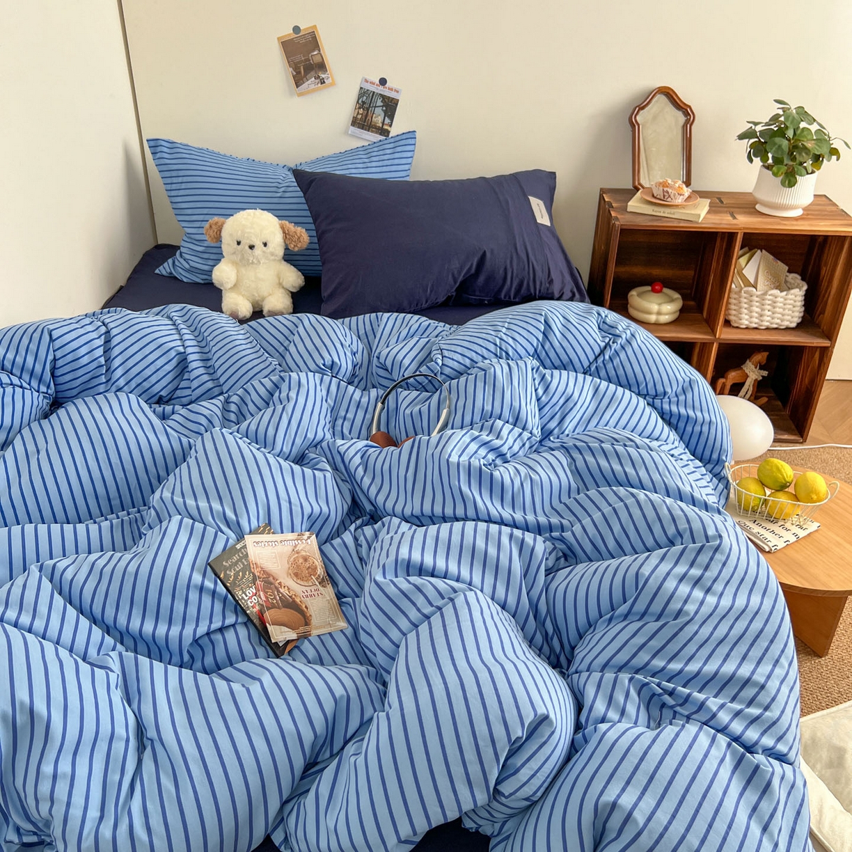 91家纺网 家纺一手货源 找家纺 优选良品 2025新款韩式无印风水洗棉拼色学生三件套床单床笠款四件套 条纹海洋蓝+深蓝