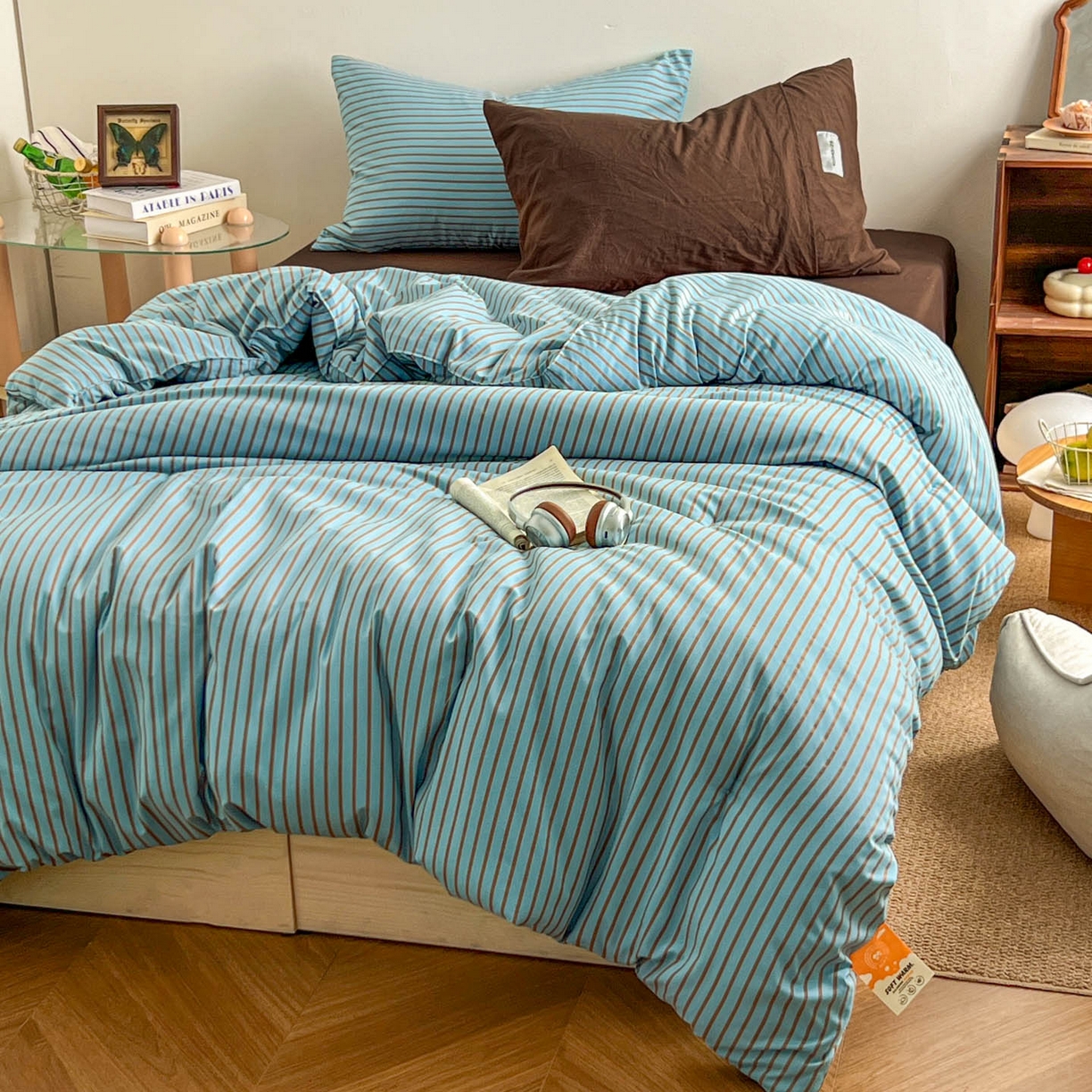 91家纺网 家纺一手货源 找家纺 优选 2025新款冬被水洗棉被子被芯 条纹水蓝+咖啡