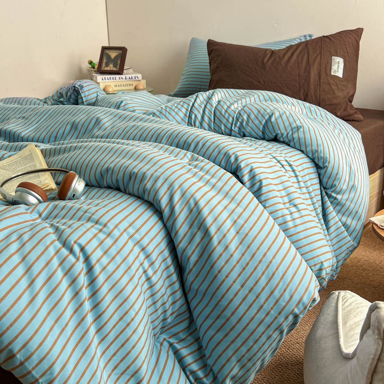 91家纺网 家纺一手货源 找家纺 优选 2025新款冬被水洗棉被子被芯 条纹水蓝+咖啡