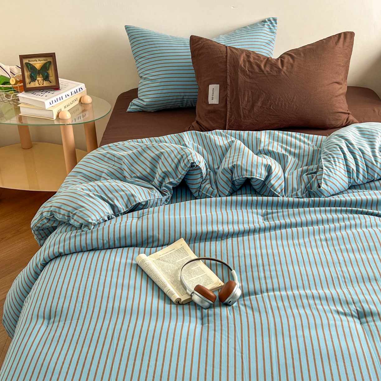 91家纺网 家纺一手货源 找家纺 优选 2025新款冬被水洗棉被子被芯 条纹水蓝+咖啡