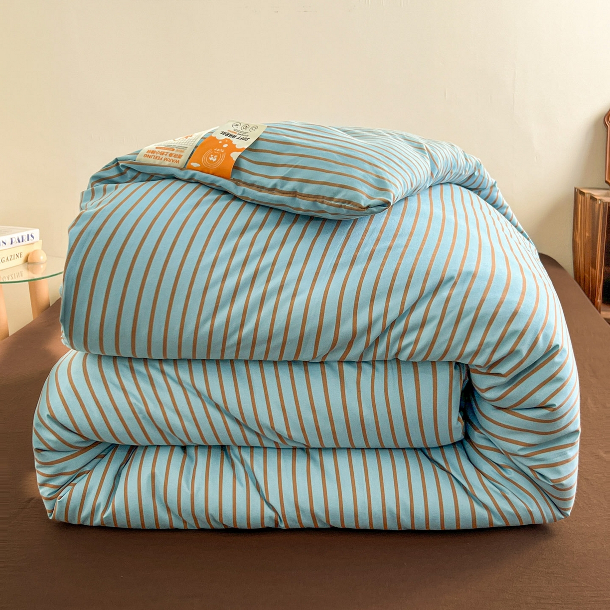 优选 2025新款冬被水洗棉被子被芯 条纹水蓝+咖啡