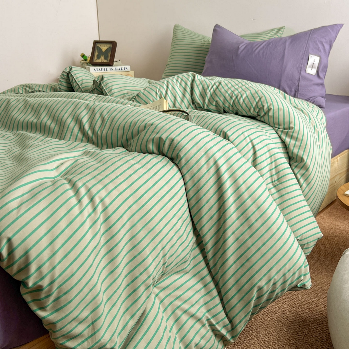 91家纺网 家纺一手货源 找家纺 优选 2025新款冬被水洗棉被子被芯 条纹绿+酱紫