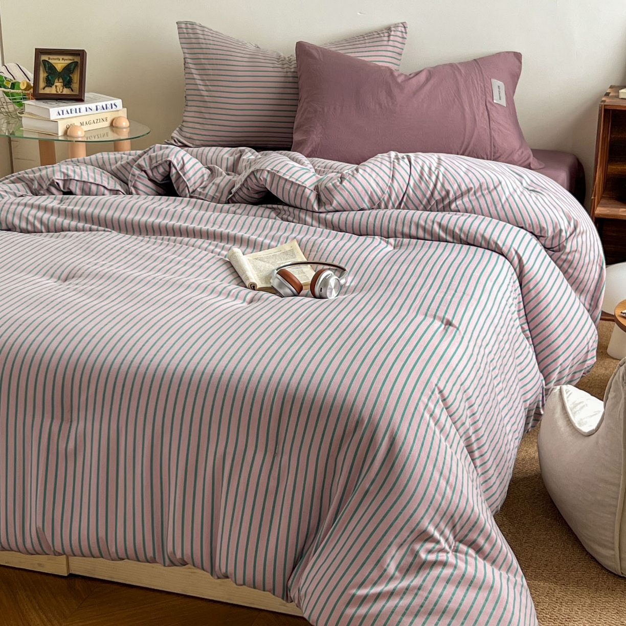 91家纺网 家纺一手货源 找家纺 优选 2025新款冬被水洗棉被子被芯 条纹浅紫+香芋紫