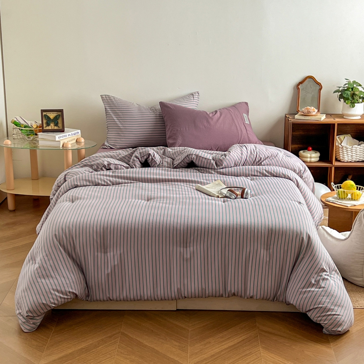 91家纺网 家纺一手货源 找家纺 优选 2025新款冬被水洗棉被子被芯 条纹浅紫+香芋紫