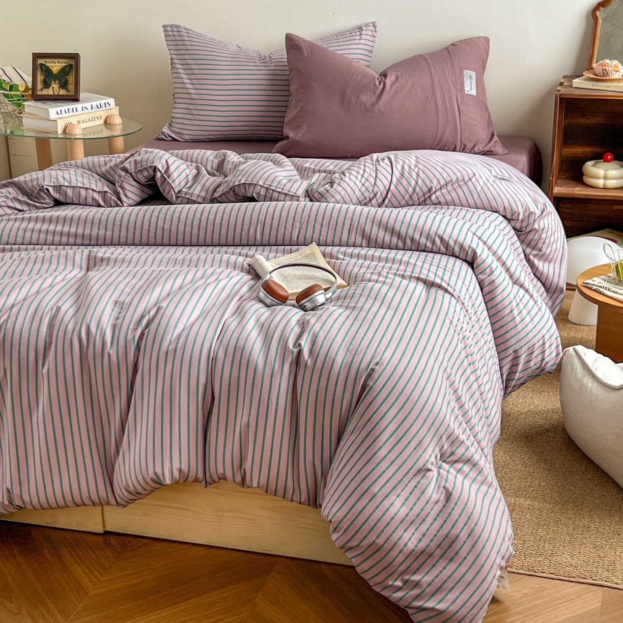 91家纺网 家纺一手货源 找家纺 优选 2025新款冬被水洗棉被子被芯 条纹浅紫+香芋紫