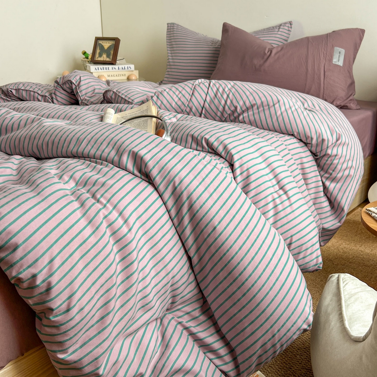 91家纺网 家纺一手货源 找家纺 优选 2025新款冬被水洗棉被子被芯 条纹浅紫+香芋紫
