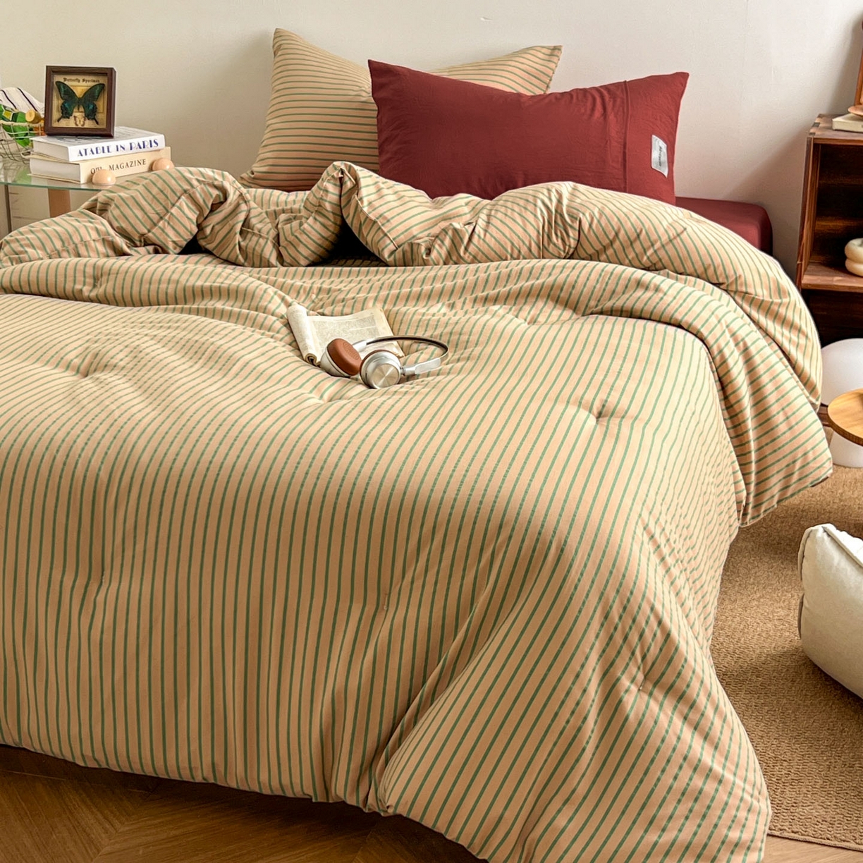 91家纺网 家纺一手货源 找家纺 优选 2025新款冬被水洗棉被子被芯 条纹卡其+砖红