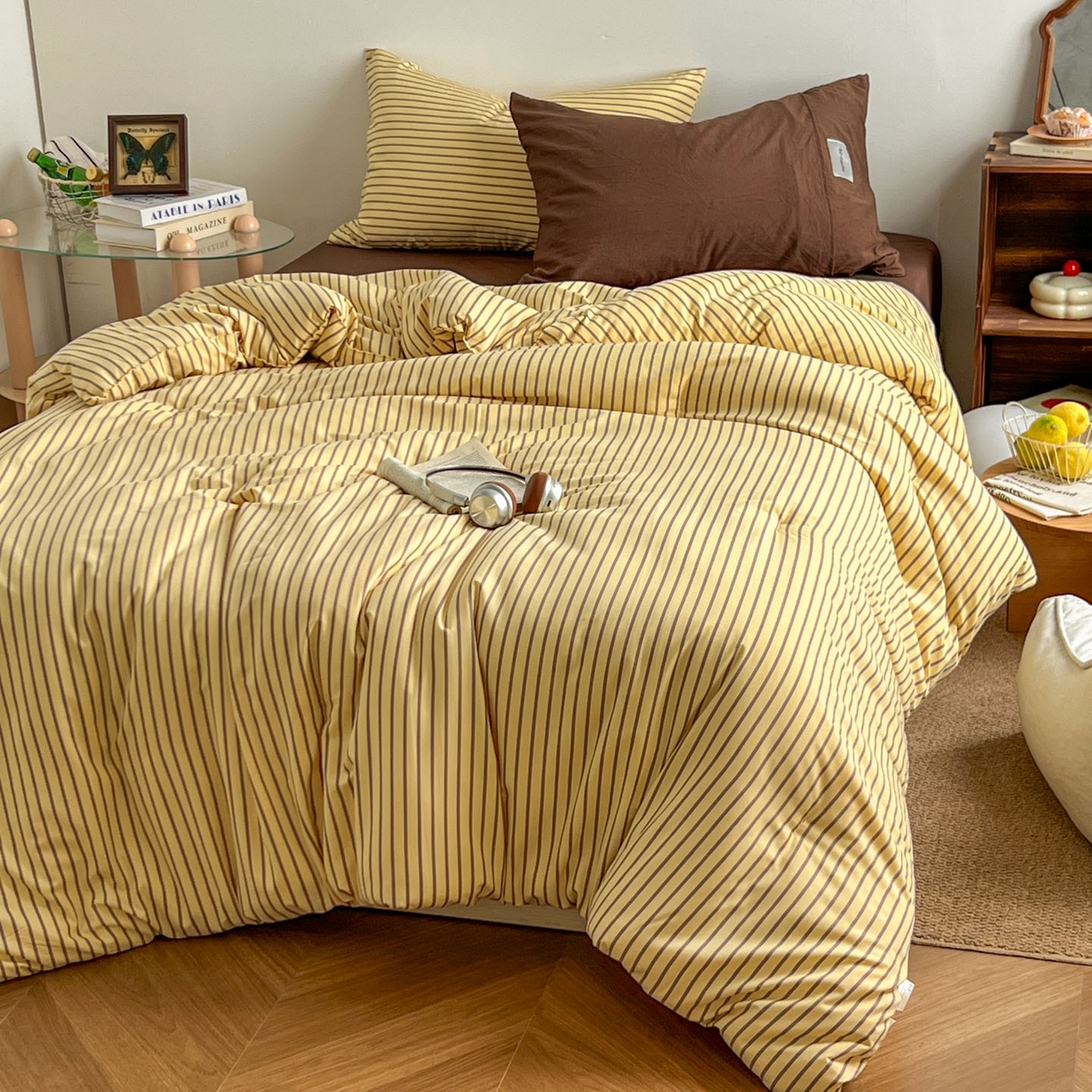 91家纺网 家纺一手货源 找家纺 优选良品 2025新款冬被水洗棉被子被芯 条纹黄+咖啡