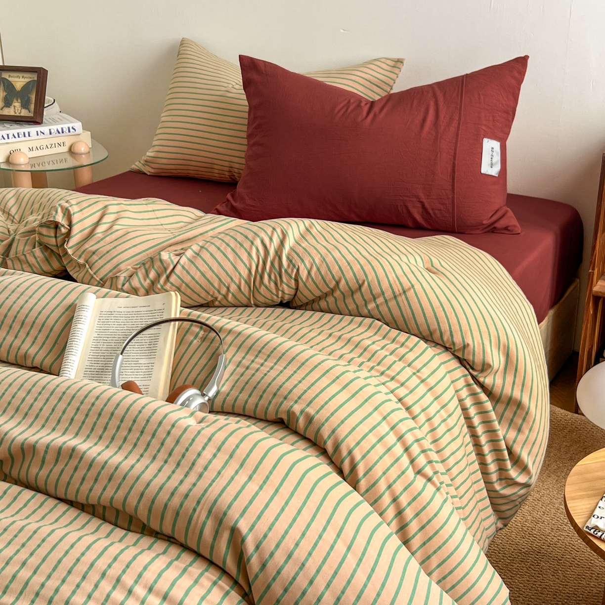 91家纺网 家纺一手货源 找家纺 优选良品 2025新款冬被水洗棉被子被芯 条纹卡其+砖红