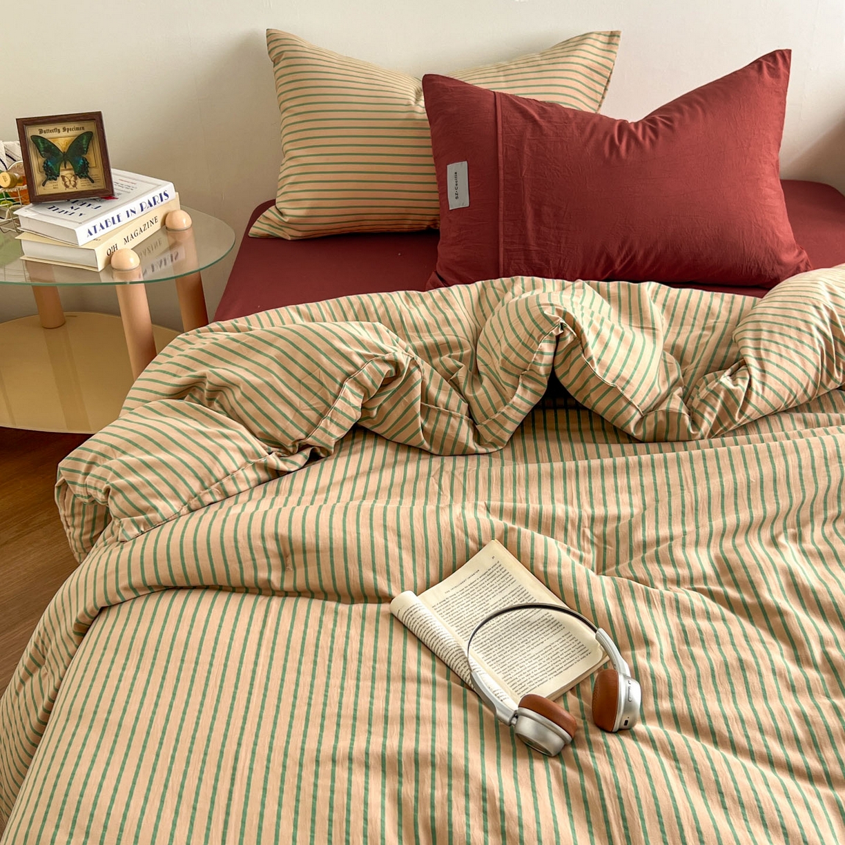 91家纺网 家纺一手货源 找家纺 优选良品 2025新款冬被水洗棉被子被芯 条纹卡其+砖红