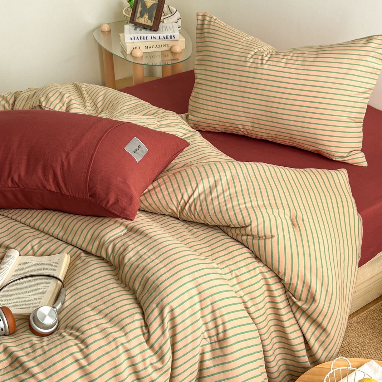 91家纺网 家纺一手货源 找家纺 优选良品 2025新款冬被水洗棉被子被芯 条纹卡其+砖红