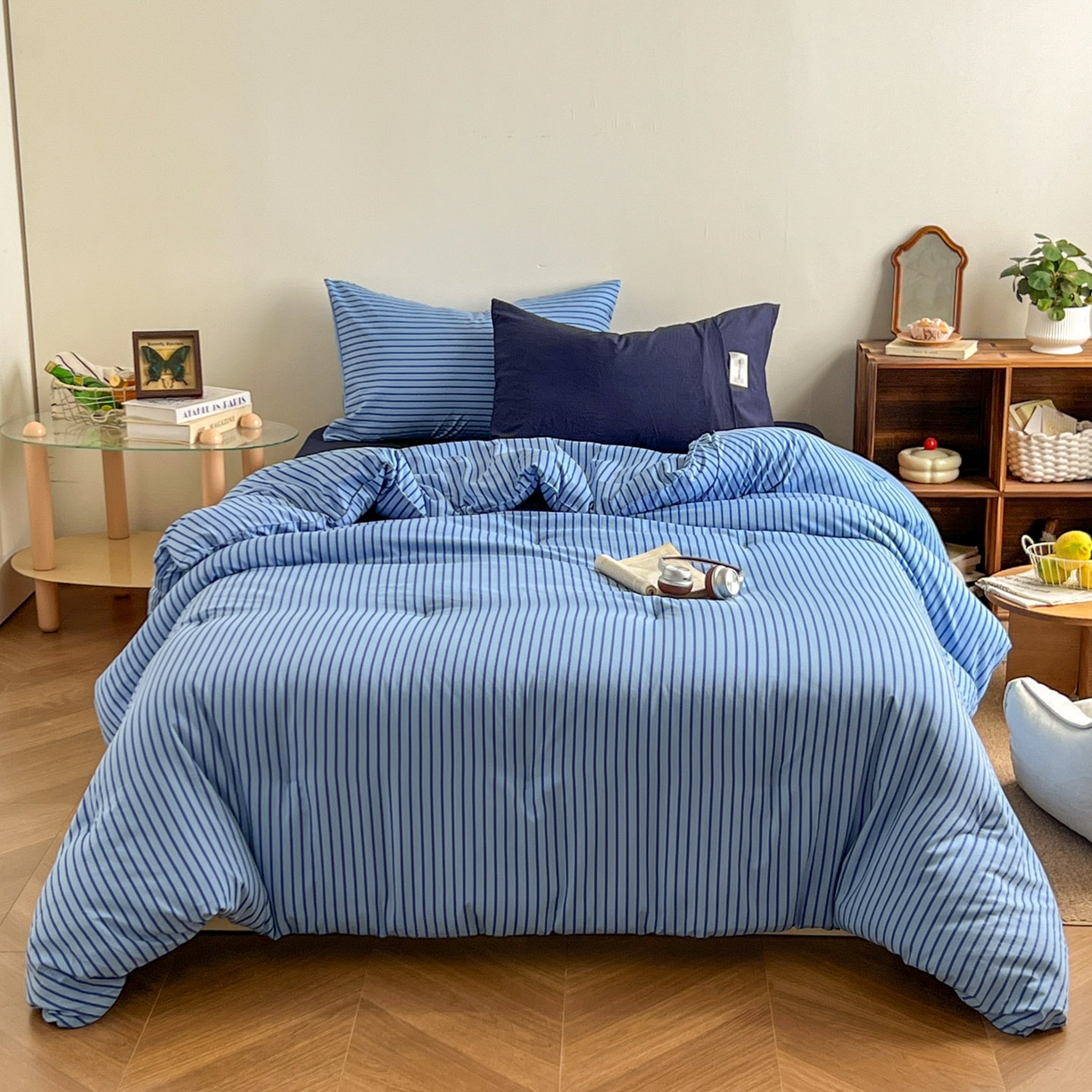 91家纺网 家纺一手货源 找家纺 优选良品 2025新款冬被水洗棉被子被芯 条纹蓝+深蓝