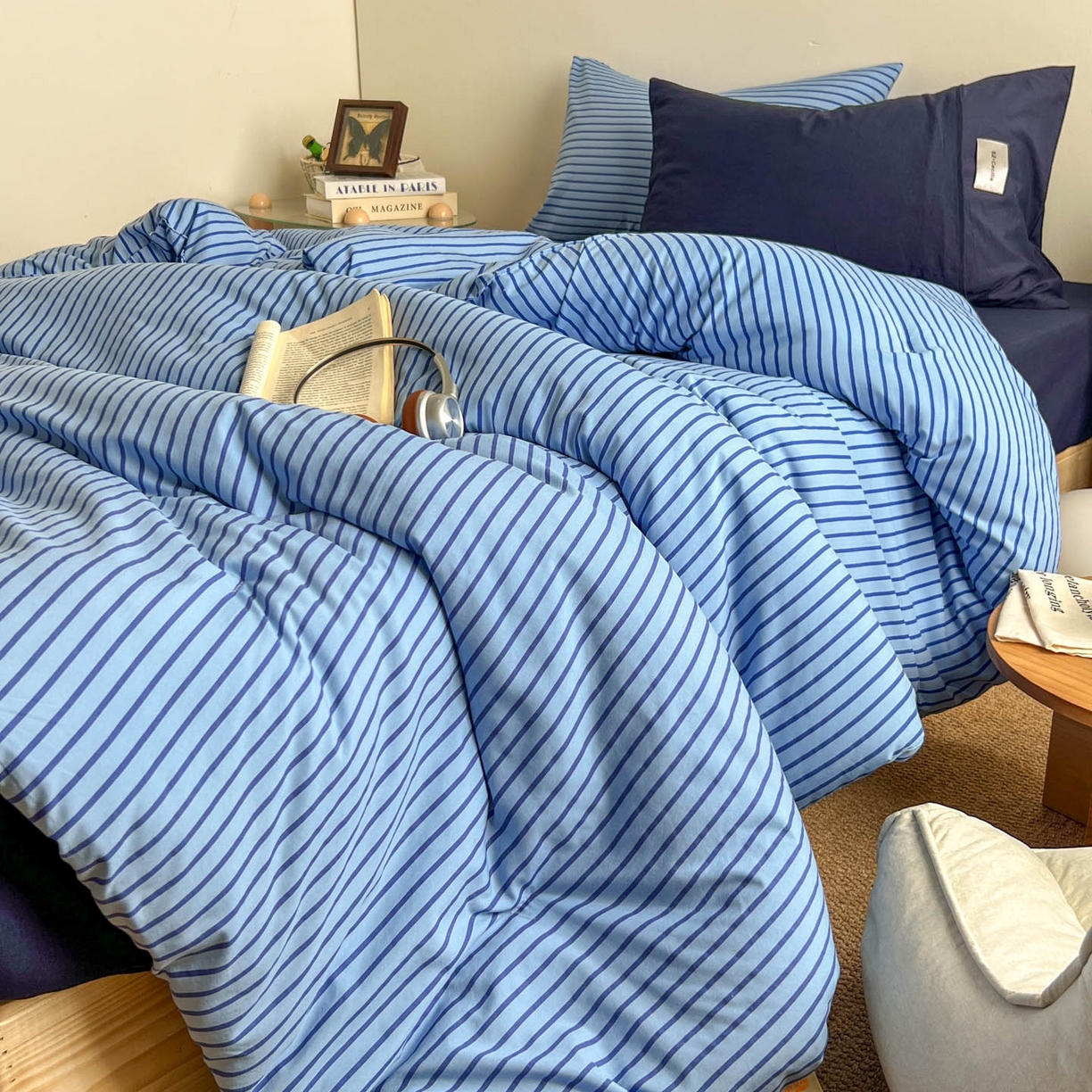 91家纺网 家纺一手货源 找家纺 优选良品 2025新款冬被水洗棉被子被芯 条纹蓝+深蓝