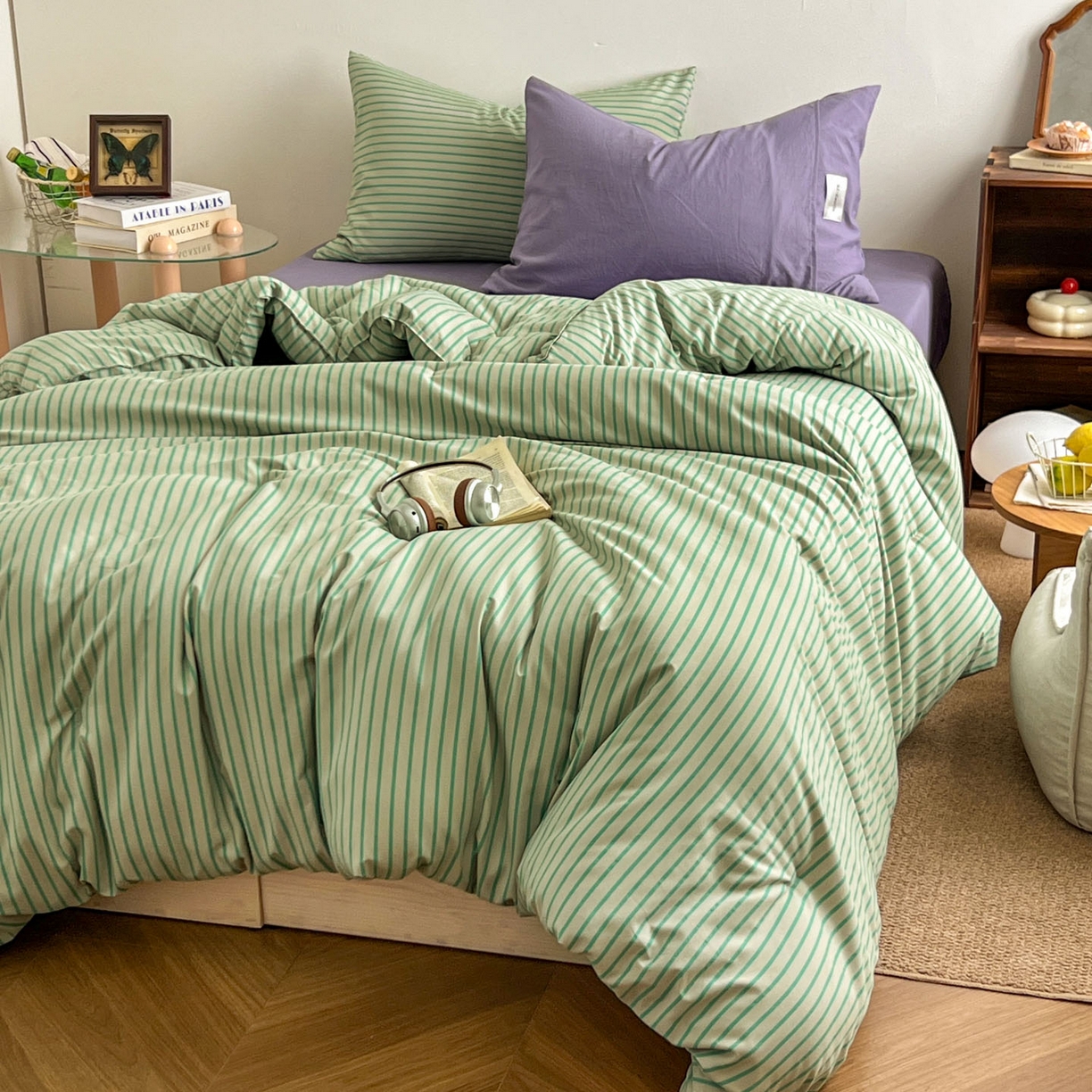 91家纺网 家纺一手货源 找家纺 优选良品 2025新款冬被水洗棉被子被芯 条纹绿+酱紫