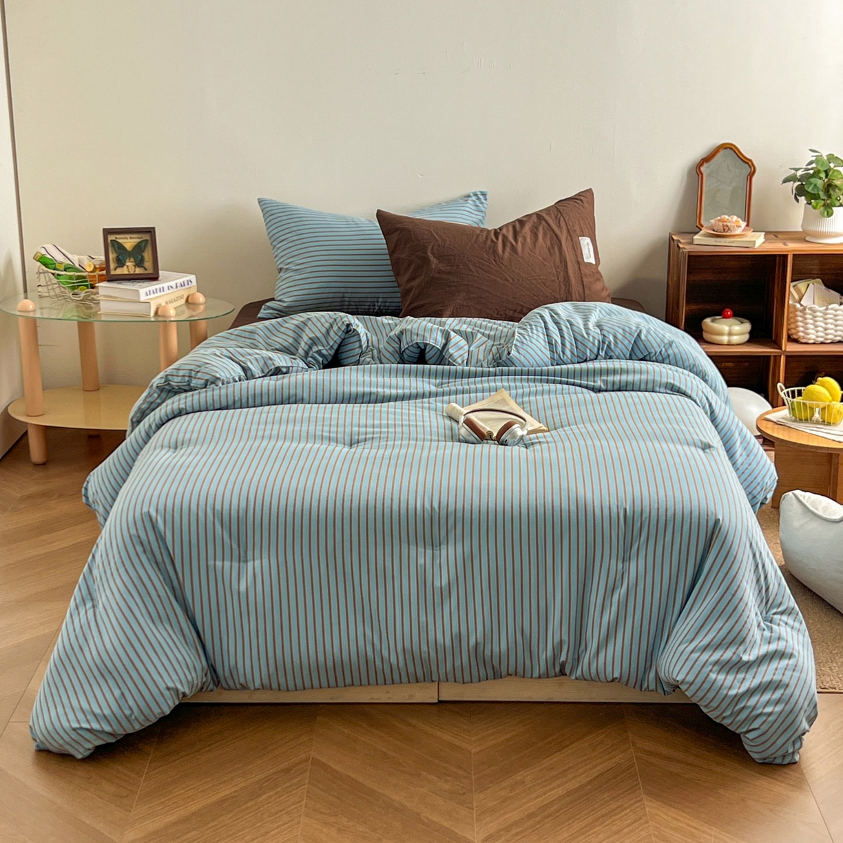 91家纺网 家纺一手货源 找家纺 优选良品 2025新款冬被水洗棉被子被芯 条纹水蓝+咖啡