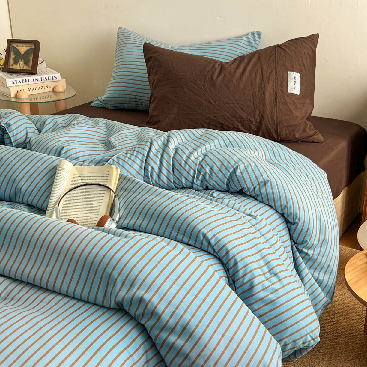 91家纺网 家纺一手货源 找家纺 优选良品 2025新款冬被水洗棉被子被芯 条纹水蓝+咖啡