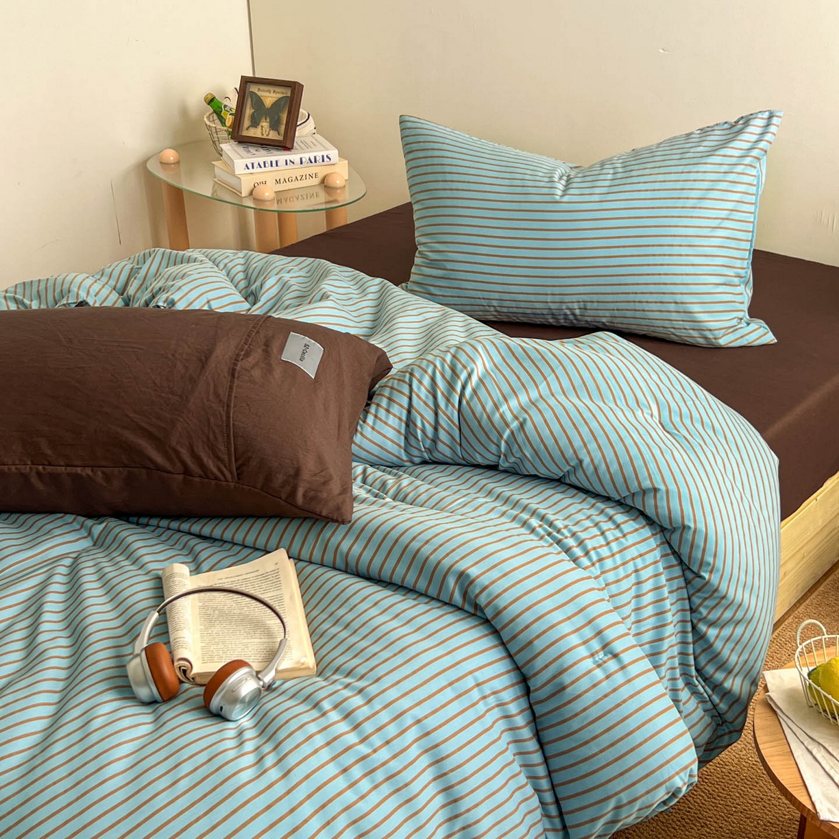 91家纺网 家纺一手货源 找家纺 优选良品 2025新款冬被水洗棉被子被芯 条纹水蓝+咖啡