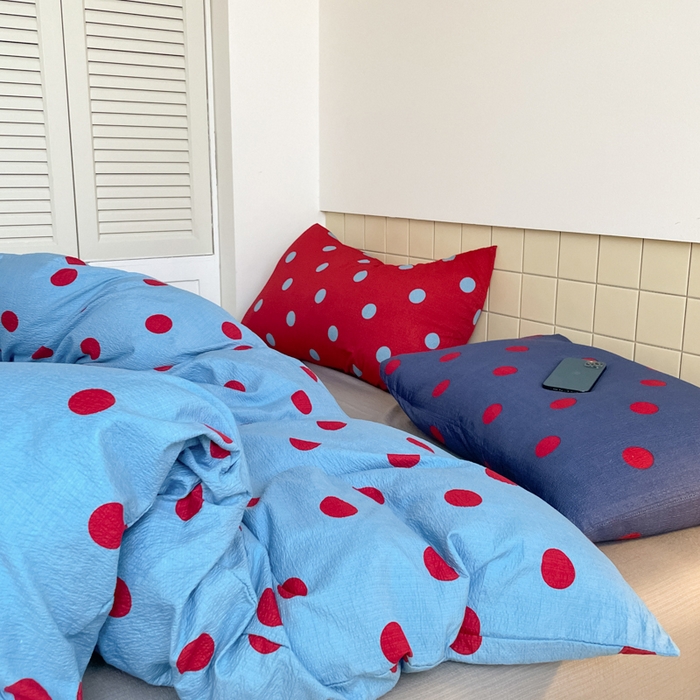 91家纺网 家纺一手货源 找家纺 阿曼达 2025新款水洗亲肤波点纯色拼色撞色可盐可甜复古氛围感四件套 波点-蓝