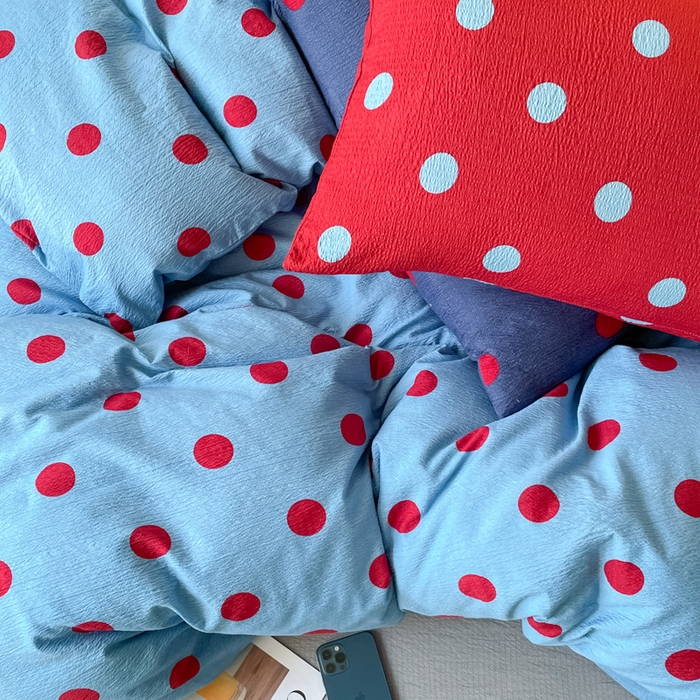 91家纺网 家纺一手货源 找家纺 阿曼达 2025新款水洗亲肤波点纯色拼色撞色可盐可甜复古氛围感四件套 波点-蓝