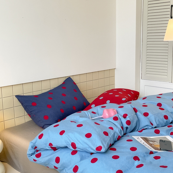 91家纺网 家纺一手货源 找家纺 阿曼达 2025新款水洗亲肤波点纯色拼色撞色可盐可甜复古氛围感四件套 波点-蓝