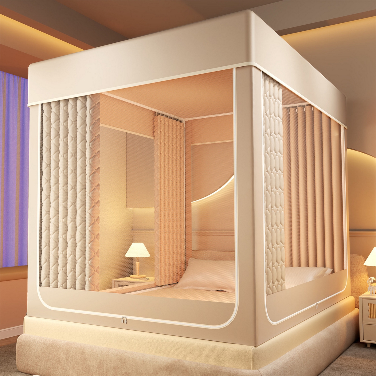 91家纺网 家纺一手货源 找家纺 佳梦家纺 2025新款防尘保暖夹棉坐床蚊帐-永夜系列 永夜-米色