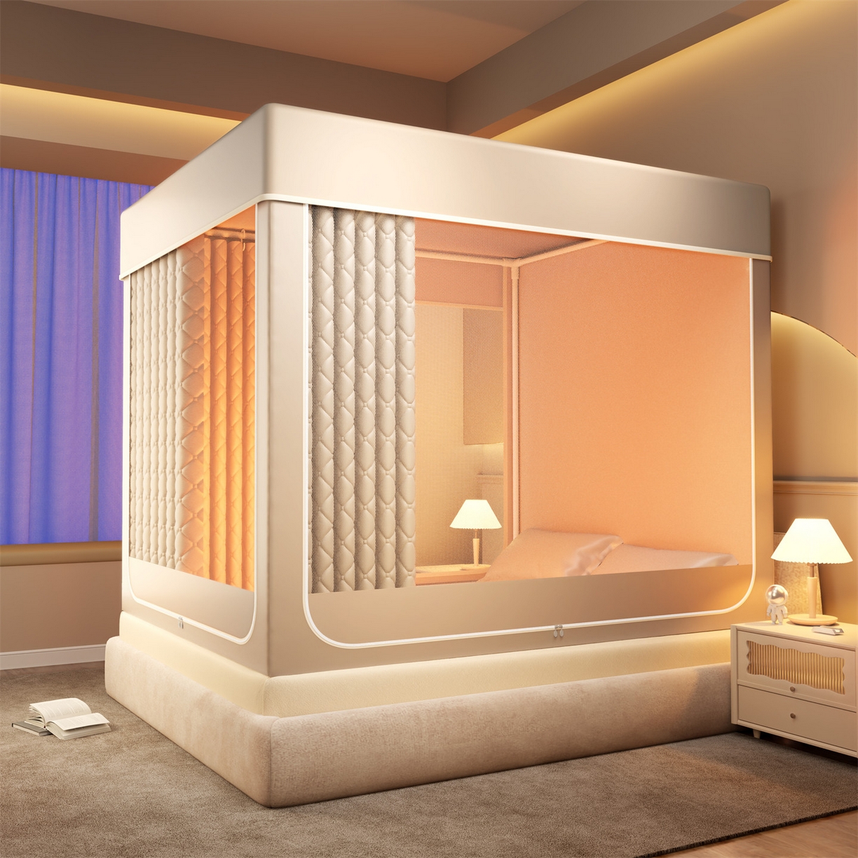 佳梦家纺 2025新款防尘保暖夹棉坐床蚊帐-永夜系列 永夜-米色