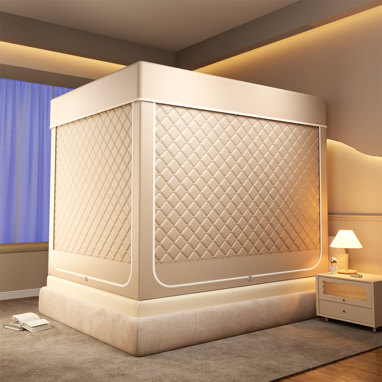 91家纺网 家纺一手货源 找家纺 佳梦家纺 2025新款防尘保暖夹棉坐床蚊帐-永夜系列 永夜-米色