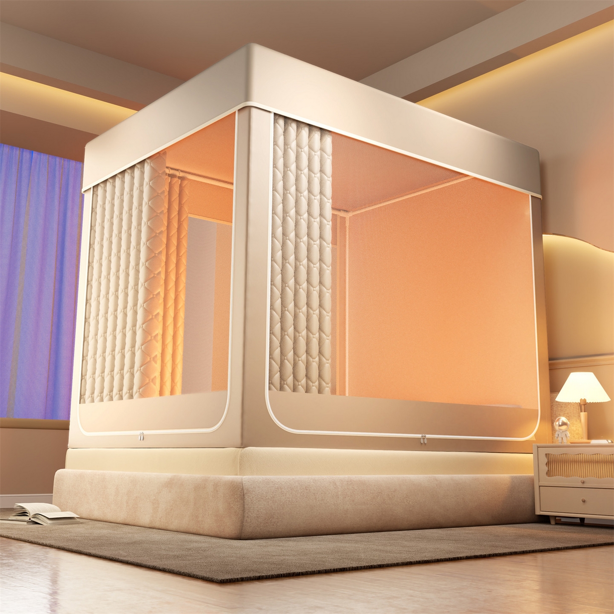 91家纺网 家纺一手货源 找家纺 佳梦家纺 2025新款防尘保暖夹棉坐床蚊帐-永夜系列 永夜-米色