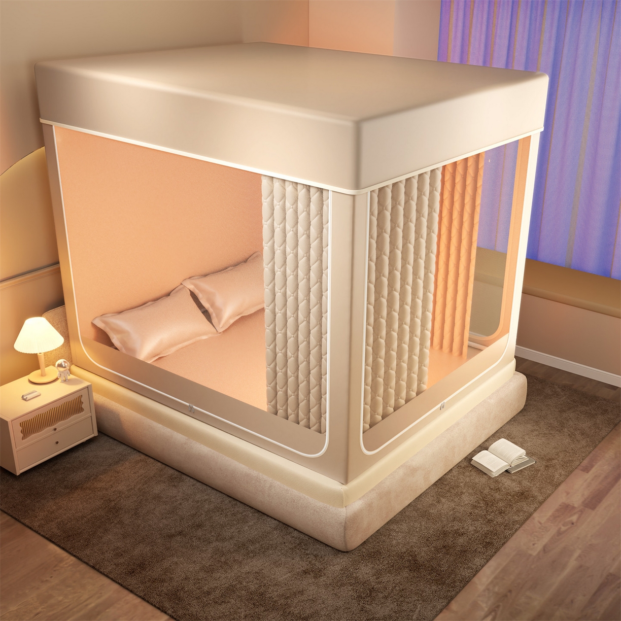 91家纺网 家纺一手货源 找家纺 佳梦家纺 2025新款防尘保暖夹棉坐床蚊帐-永夜系列 永夜-米色