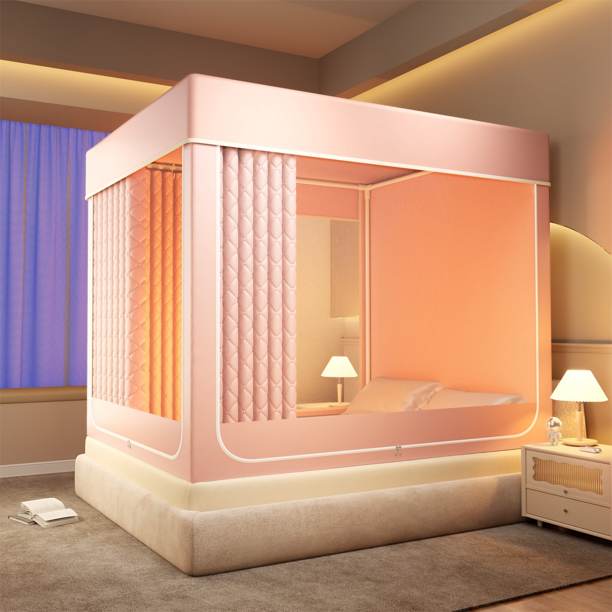 佳梦家纺 2025新款防尘保暖夹棉坐床蚊帐-永夜系列 永夜-粉色