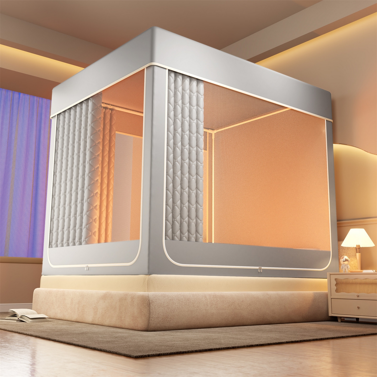 佳梦家纺 2025新款防尘保暖夹棉坐床蚊帐-永夜系列 永夜-灰色