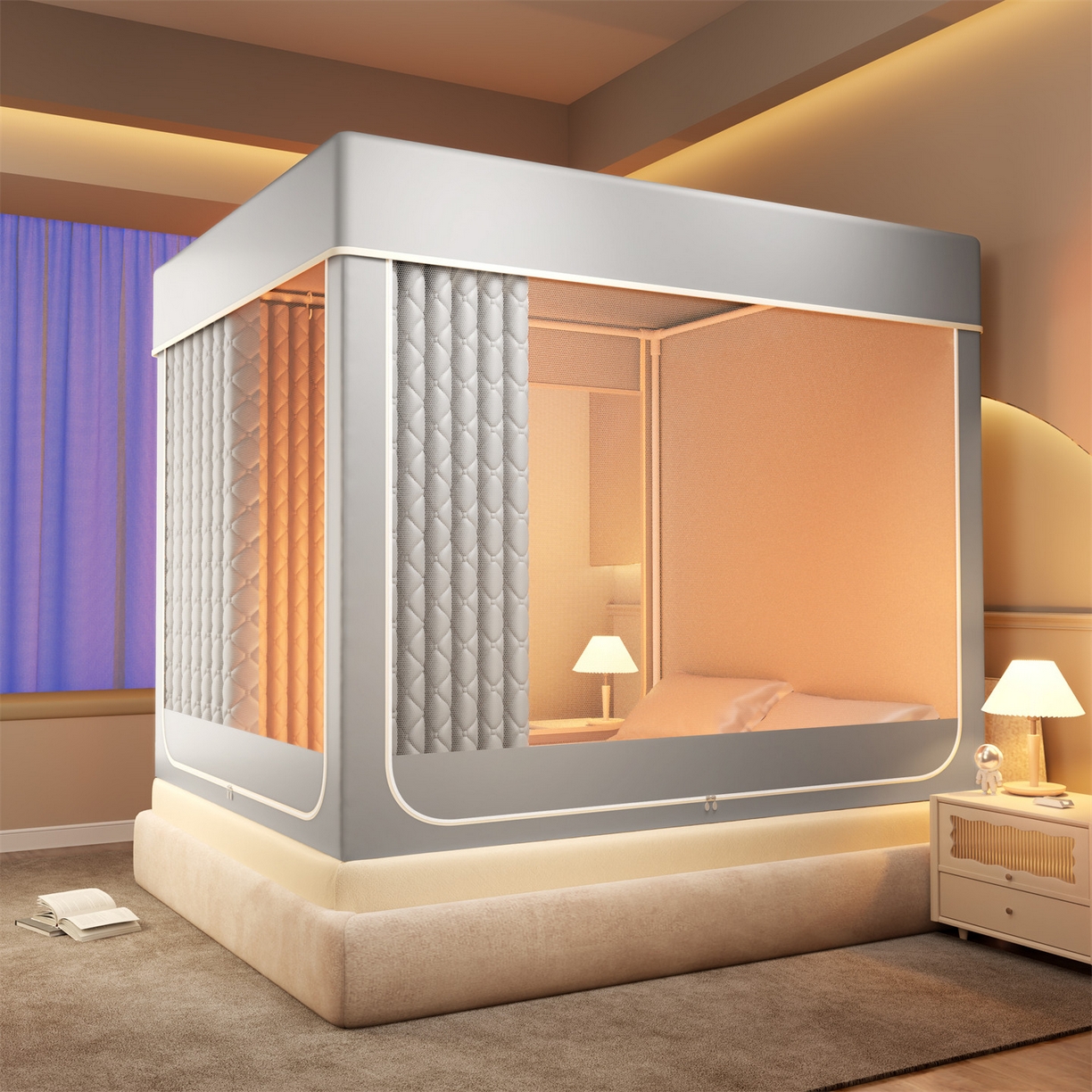 91家纺网 家纺一手货源 找家纺 佳梦家纺 2025新款防尘保暖夹棉坐床蚊帐-永夜系列 永夜-灰色