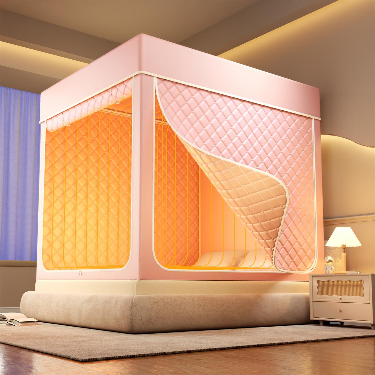 91家纺网 家纺一手货源 找家纺 佳梦家纺 2025新款防尘保暖夹棉坐床蚊帐-永夜系列 永夜-粉色