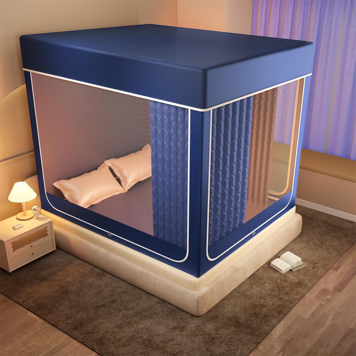 91家纺网 家纺一手货源 找家纺 佳梦家纺 2025新款防尘保暖夹棉坐床蚊帐-永夜系列 永夜-蓝色