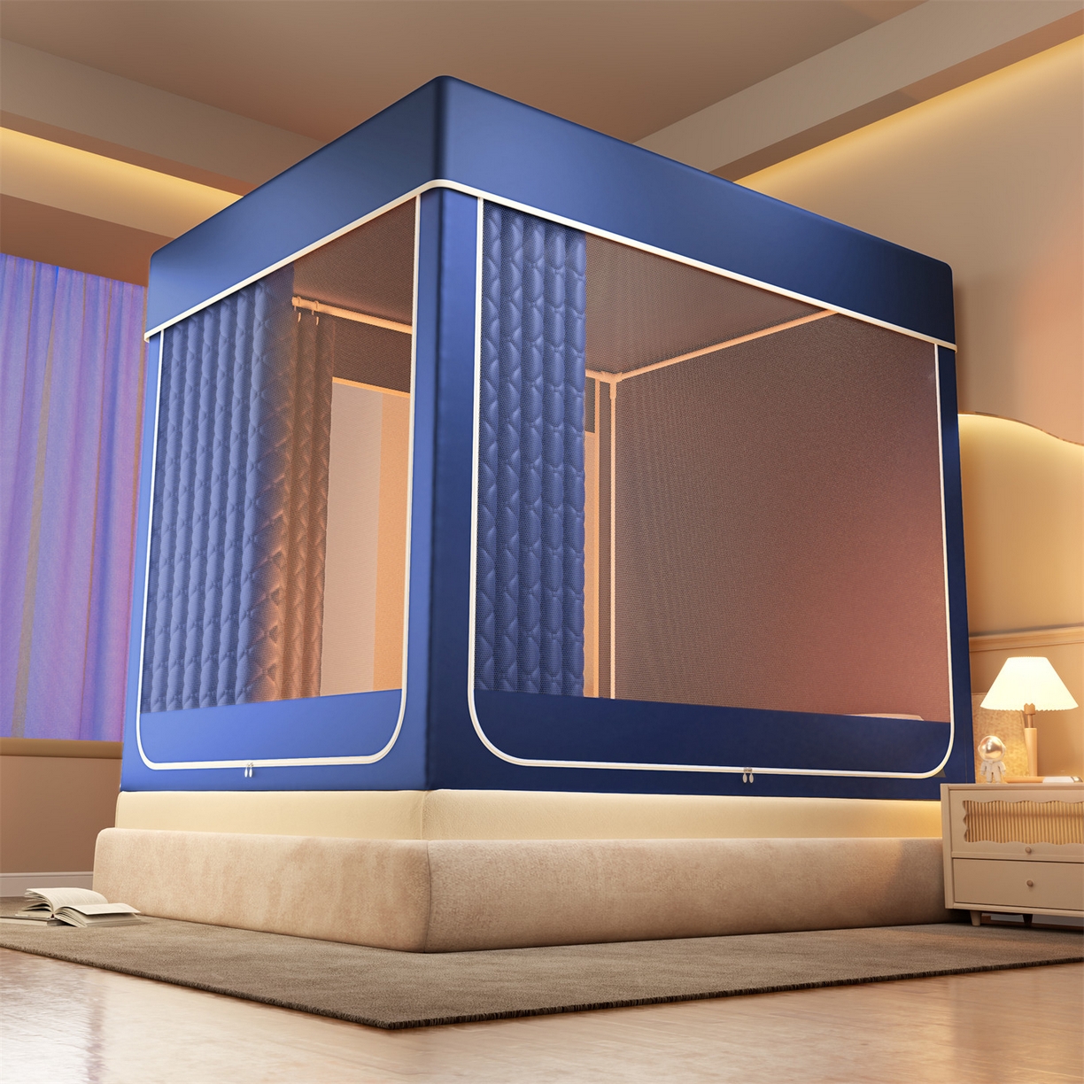 91家纺网 家纺一手货源 找家纺 佳梦家纺 2025新款防尘保暖夹棉坐床蚊帐-永夜系列 永夜-蓝色