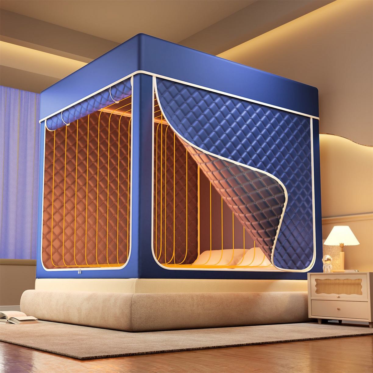 91家纺网 家纺一手货源 找家纺 佳梦家纺 2025新款防尘保暖夹棉坐床蚊帐-永夜系列 永夜-蓝色