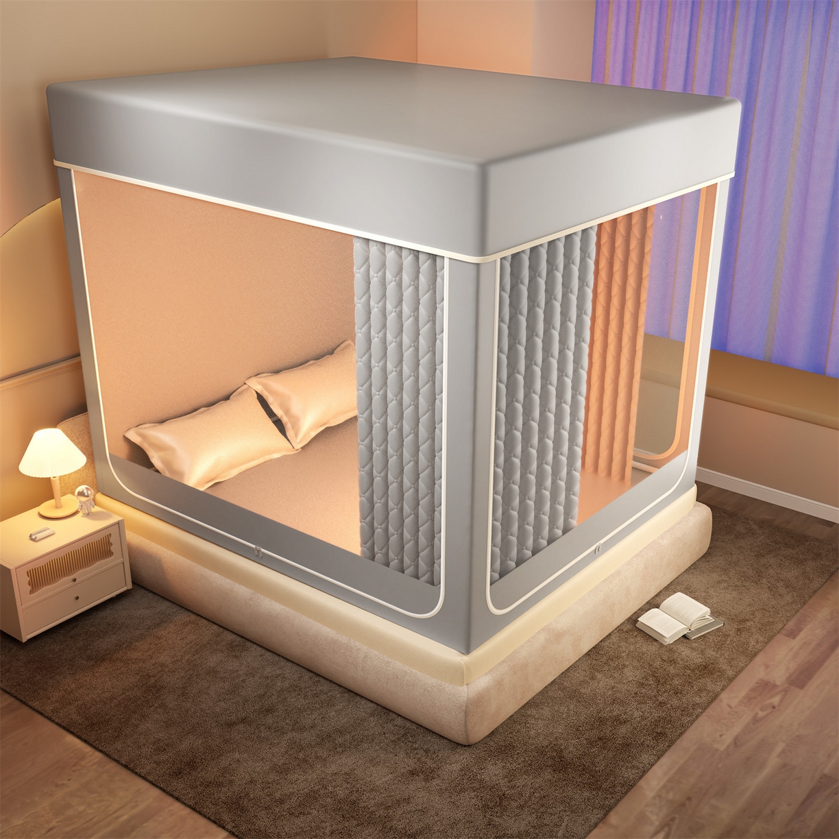 91家纺网 家纺一手货源 找家纺 佳梦家纺 2025新款防尘保暖夹棉坐床蚊帐-永夜系列 永夜-灰色