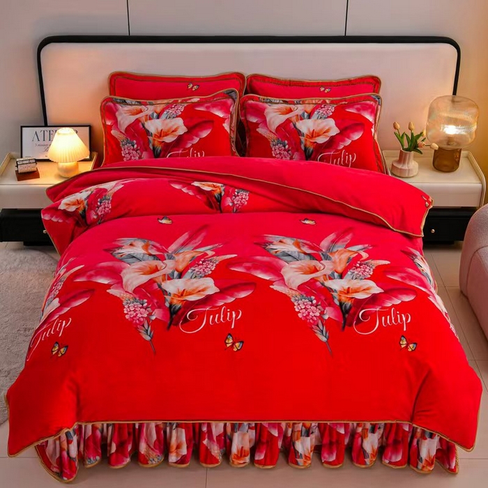 91家纺网 家纺一手货源 找家纺 新8.5-9.5斤法莱绒四件套珊瑚牛奶金貂绒四件套床裙 蝶恋花间